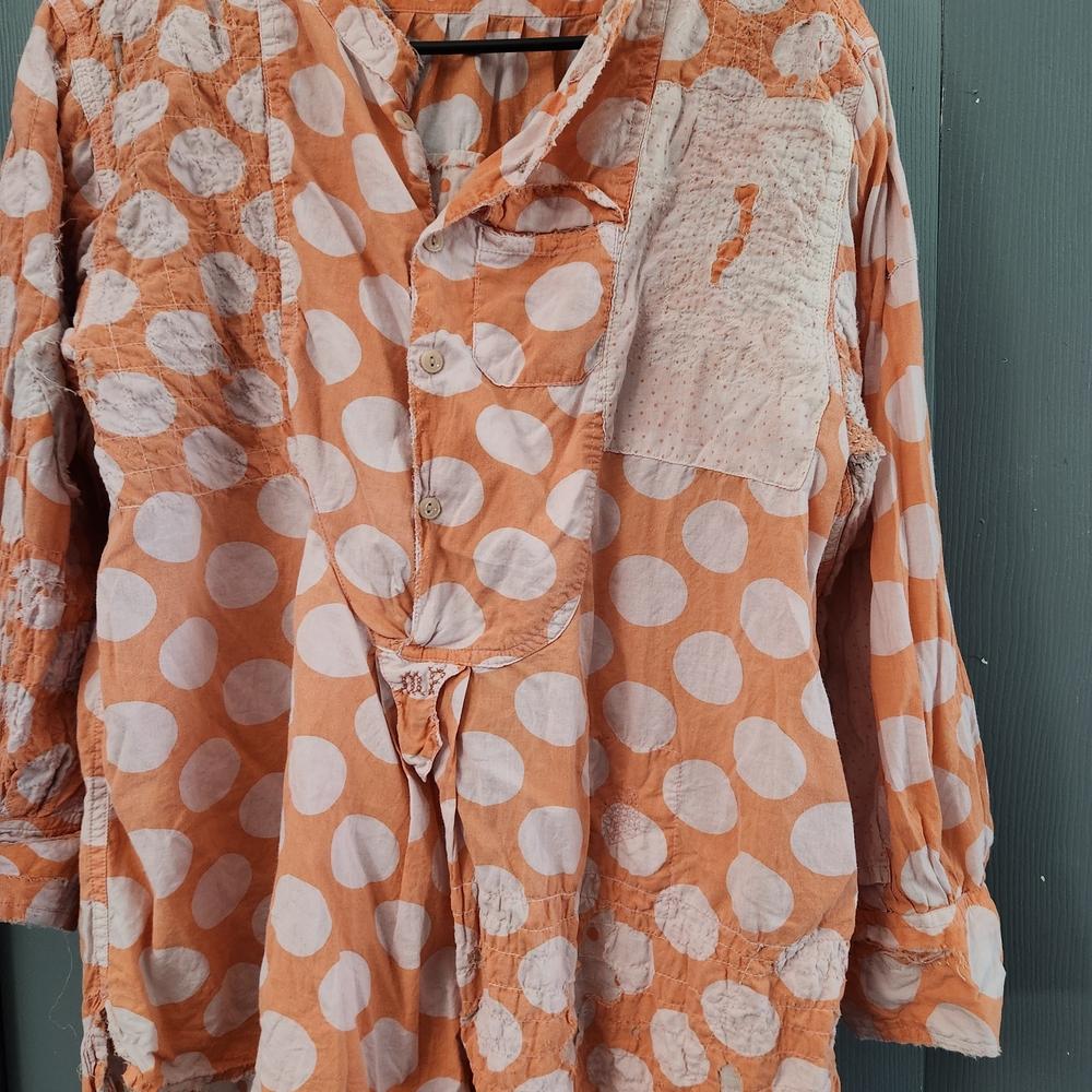 Magnolia Pearl OOAK Pinkish Orange and White Polka Dot Button-Up Blouse
